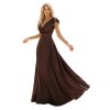 CRYSTAL saténové dlouhé šaty s výstřihem - čokoládové 411-15 (Velikost XS, Barva Hnědá)