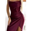 Numoco DIANE saténové dlouhé šaty s rozparkem na nohavicích - Vínová barva 483-4 (Velikost XS, Barva Bordó)