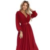 Elegantní skládané maxi šaty s páskem a zavinovacím výstřihem - vínové 639-1 (Velikost UNI, Barva Bordó)