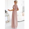 Dlouhé šaty s plisovaným výstřihem a zavazováním - taupe 545-6 (Velikost UNI, Barva Růžová)