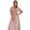 Dlouhé šaty s plisovaným výstřihem a zavazováním - taupe 545-6 (Velikost UNI, Barva Růžová)