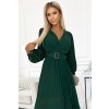 KLARA řasené šaty s páskem a výstřihem - lahvově zelená 414-1 (Velikost UNI, Barva Zelená)