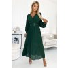 Numoco KLARA řasené šaty s páskem a výstřihem - lahvově zelená 414-1 (Velikost UNI, Barva Zelená)