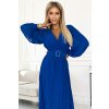 KLARA řasené šaty s páskem a výstřihem - modré 414-5 (Velikost UNI, Barva Modrá)
