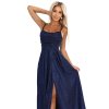 Dlouhé šaty s jemným třpytem a korzetovým zavazováním na zadní straně - tmavě modré s třpytkami 589-2 (Velikost XS, Barva Modrá)