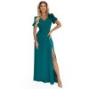 Numoco Elegantní dlouhé společenské šaty s květinou, páskem a vysokým rozparkem - lahvově zelená 653-1 (Velikost XS, Barva Zelená)