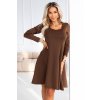 Numoco IVANA pohodlné trapézové šaty s výstřihem a dlouhým rukávem - čokoládové 574-2 (Velikost S, Barva Hnědá)