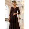 Numoco AMBER elegantní dlouhé krajkové šaty s výstřihem - čokoládové 309-14 (Velikost S, Barva Hnědá)