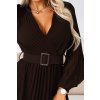 KLARA Elegantní skládané midi šaty s páskem a výstřihem - čokoládové 414-11 (Velikost UNI, Barva Hnědá)