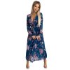 Numoco Plisované šifonové dlouhé šaty s výstřihem, dlouhým rukávem a páskem - Modrá s květinami 519-3 (Velikost UNI, Barva Modrá)