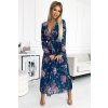 Numoco Plisované šifonové dlouhé šaty s výstřihem, dlouhým rukávem a páskem - Modrá s květinami 519-3 (Velikost UNI, Barva Modrá)