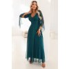 Dlouhé, třpytivé šaty s hlubokým výstřihem a průsvitnými rukávy - smaragdově zelené 655-2 (Velikost UNI, Barva Zelená)