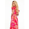 Numoco LIDIA dlouhé šaty s výstřihem a volánkami - růžové s květinami 310-4 (Velikost M, Barva Růžová)