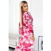 Numoco VALENTINA Midi šaty s výstřihem a páskem - růžové růže na bílém podkladu 436-1 (Velikost UNI, Barva Růžová)