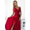 Numoco Dlouhé saténové šaty s výstřihem a dvojitými ramínky - červené 498-4 (Velikost XL, Barva Červená)