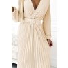 Numoco VIVIANA Plisované midi šaty s véčkovým výstřihem, dlouhým rukávem a širokým páskem - světle béžová 504-7 (Velikost UNI, Barva Béžová)