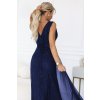 Numoco Dlouhé večerní šaty s brokátovým akcentem a hlubokým výstřihem - tmavě modré 637-3 (Velikost UNI, Barva Modrá)