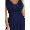 Numoco Dlouhé večerní šaty s brokátovým akcentem a hlubokým výstřihem - tmavě modré 637-3 (Velikost UNI, Barva Modrá)