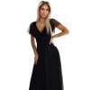 Numoco NASTIA Dlouhé šaty s výstřihem a krátkými rukávy - černé 562-3 (Velikost UNI, Barva Černá)