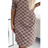 Numoco MARY Šaty se zlatými zipy - béžové s černým vzorem 420-3 (Velikost S, Barva Béžová)