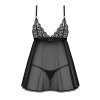 Sada Obsessive Blomentis babydoll & thong - košilka + tanga (Velikost XL/2XL, Barva Černá)