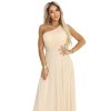 Numoco Dlouhé, třpytivé večerní šaty na jedno rameno - šampaňsko béžové 656-2 (Velikost UNI, Barva Béžová)