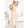 Numoco Dlouhé, třpytivé večerní šaty na jedno rameno - šampaňsko béžové 656-2 (Velikost UNI, Barva Béžová)