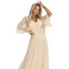 Numoco Dlouhé, třpytivé šaty plus size s kulatým výstřihem a průsvitnými rukávy - šampaňsky béžové 654-2 (Velikost UNI, Barva Béžová)