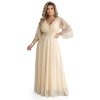 Numoco Dlouhé, třpytivé šaty plus size s kulatým výstřihem a průsvitnými rukávy - šampaňsky béžové 654-2 (Velikost UNI, Barva Béžová)