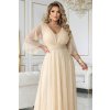 Numoco Dlouhé, třpytivé šaty plus size s kulatým výstřihem a průsvitnými rukávy - šampaňsky béžové 654-2 (Velikost UNI, Barva Béžová)