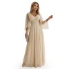 Numoco Dlouhé, třpytivé šaty s hlubokým výstřihem a průsvitnými rukávy - šampaňsky béžové 655-4 (Velikost UNI, Barva Béžová)