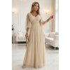 Numoco Dlouhé, třpytivé šaty s hlubokým výstřihem a průsvitnými rukávy - šampaňsky béžové 655-4 (Velikost UNI, Barva Béžová)