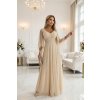 Numoco Dlouhé, třpytivé šaty s hlubokým výstřihem a průsvitnými rukávy - šampaňsky béžové 655-4 (Velikost UNI, Barva Béžová)