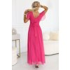 Numoco NASTIA Dlouhé šaty s výstřihem, zavazováním a krátkými rukávy - malinový sorbet 562-9 (Velikost UNI, Barva Raspberry Růžová)