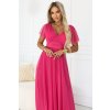Numoco NASTIA Dlouhé šaty s výstřihem, zavazováním a krátkými rukávy - malinový sorbet 562-9 (Velikost UNI, Barva Raspberry Růžová)