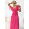 Numoco NASTIA Dlouhé šaty s výstřihem, zavazováním a krátkými rukávy - malinový sorbet 562-9 (Velikost UNI, Barva Raspberry Růžová)