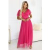 Numoco NASTIA Dlouhé šaty s výstřihem, zavazováním a krátkými rukávy - malinový sorbet 562-9 (Velikost UNI, Barva Raspberry Růžová)