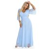 Numoco Dlouhé lesklé šaty plus size s výstřihem a průhledným rukávkem - světle modrá 654-3 (Velikost UNI, Barva Modrá - světle)