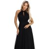 Numoco Elegantní večerní maxi šaty halter s tylem a vázáním v pase - černé 662-2 (Velikost UNI, Barva Černá)