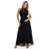 Numoco Elegantní večerní maxi šaty halter s tylem a vázáním v pase - černé 662-2 (Velikost UNI, Barva Černá)