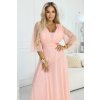 Numoco Dlouhé lesklé šaty plus size s výstřihem a průhledným rukávkem - broskvová 654-4 (Velikost UNI, Barva Růžová)