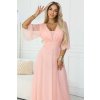 Numoco Dlouhé lesklé šaty plus size s výstřihem a průhledným rukávkem - broskvová 654-4 (Velikost UNI, Barva Růžová)
