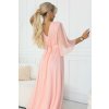 Numoco Dlouhé lesklé šaty plus size s výstřihem a průhledným rukávkem - broskvová 654-4 (Velikost UNI, Barva Růžová)
