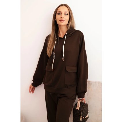 207806 damska souprava maslova mikina s kapuci a kalhoty s paskem mata velikost uni barva hneda