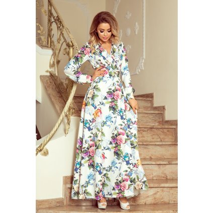 186383 dlouhe saty s volankem a vystrihem barevne ruze a modre ptaky 245 1