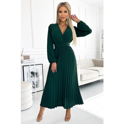 226125 numoco viviana plisovane midi saty s vystrihem dlouhym rukavem a sirokym paskem zelene 504 3 velikost uni barva zelena