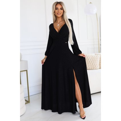 188036 nela leskle dlouhe saty s vystrihem a dlouhymi rukavy cerne 572 2