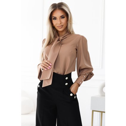 223283 numoco jedinecna business halenka s dlouhym rukavem zavazovanim a knofliky karamelova barva mocha mousse 578 1 velikost xs barva hneda