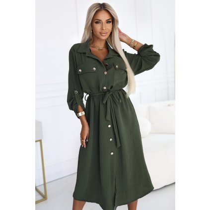 188366 midi kosilove saty se zlatymi knofliky a kravatou khaki 531 5