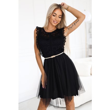 221087 greta krajkove saty s tylovou sukni a zlatym paskem cerne 454 5 velikost uni barva cerna